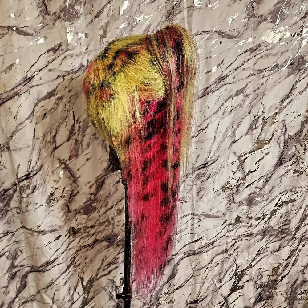 Yellow & Pink Scene 28 Inch Wig, 13x6 Lace Front Cheetah, Zebra Print